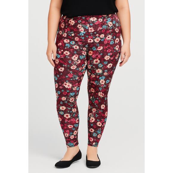 New Mix Plus One Size Floral Leggings Burgundy Pink Blue Stretch Soft
 NWT - Picture 1 of 10